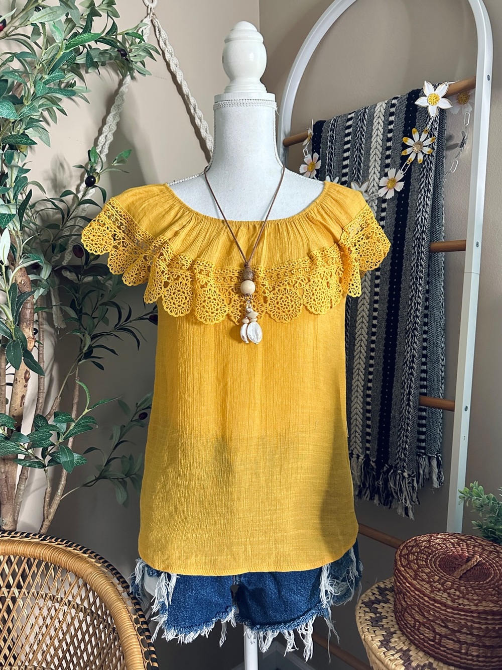 NWT PerSeption Concept Mustard Yellow Lace Off Shoulder Boho Top S